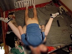 Red-haired girl in socks reaches orgasm in missionary position with her legs up