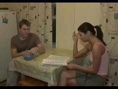 Pretty brunette beauty rides up fat cock