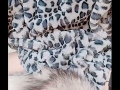 Femboy cosplaying in cute, fluffy snow leopard coat, Rubber Band Dick Snapping