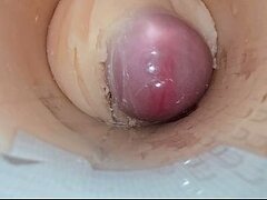 Camera deep inside tight pussy toy captures huge cum explosion