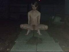 Risky masturbation outdoor at night pissing cum on piss